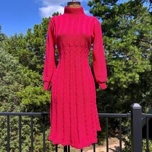 Vintage 60s/70s Fuchsia Hot Pink Mockneck Cable Knit Empire Sweater Dress S